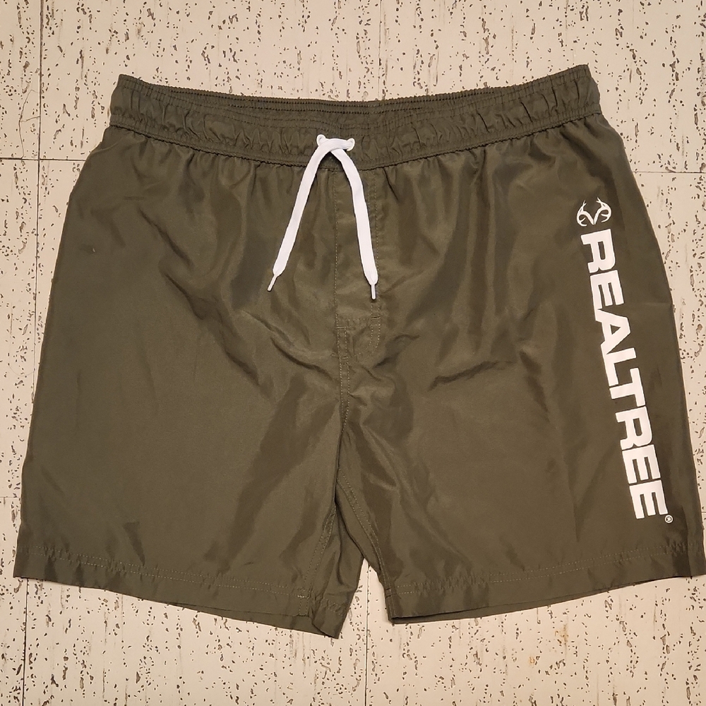 Realtree Green Spellout Logo Swim Trunk Shorts with White Logo